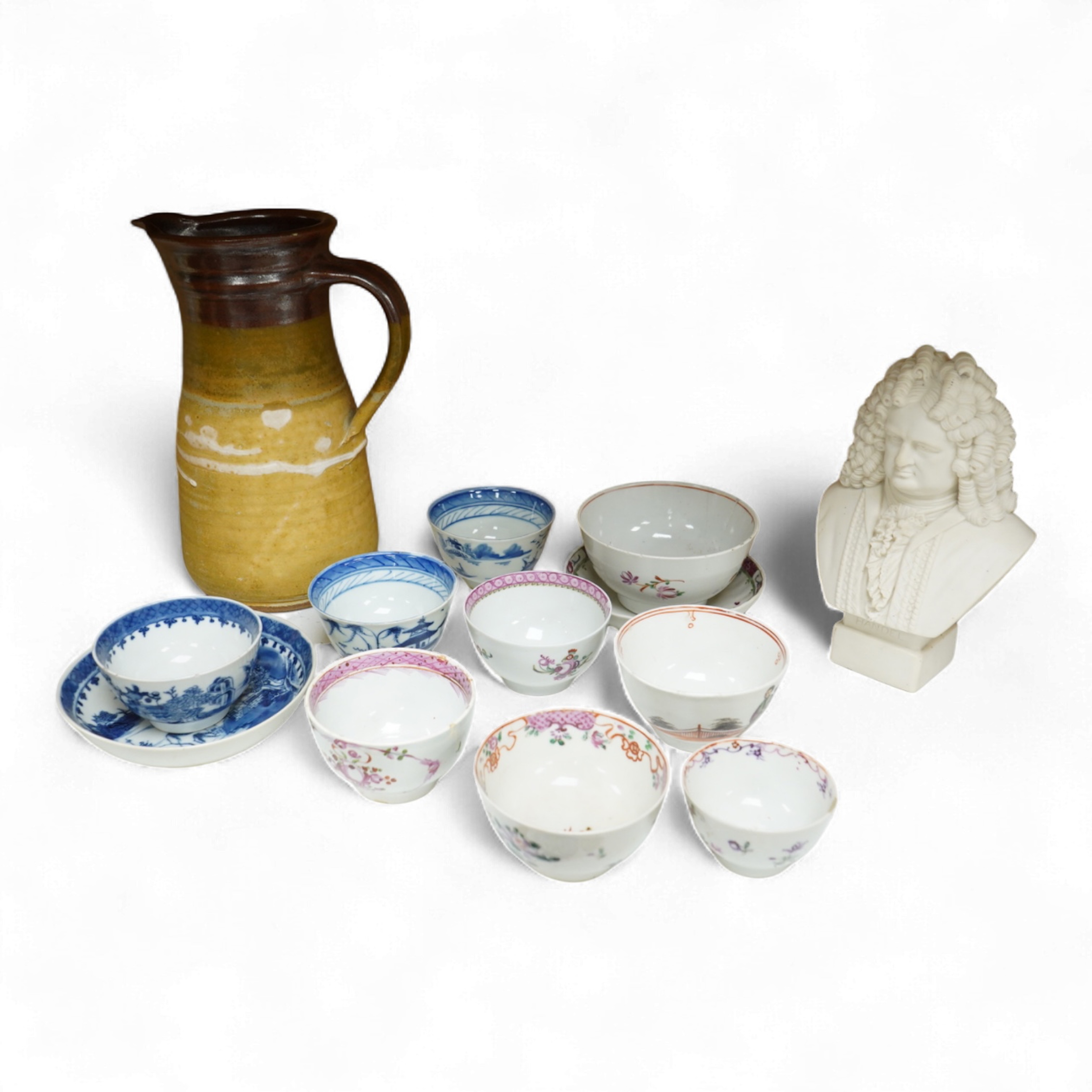 A collection of 18th century and later Chinese tea wares, a studio pottery jug & an R&L Parian bust of Handel, tallest 25cm
